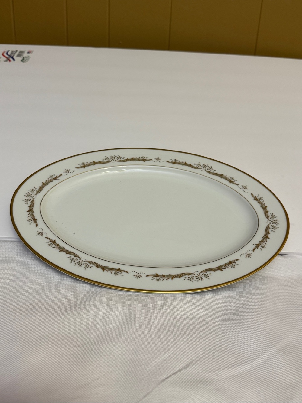 Sango White Porcelain Dinner Platter with Gold Scroll Trim